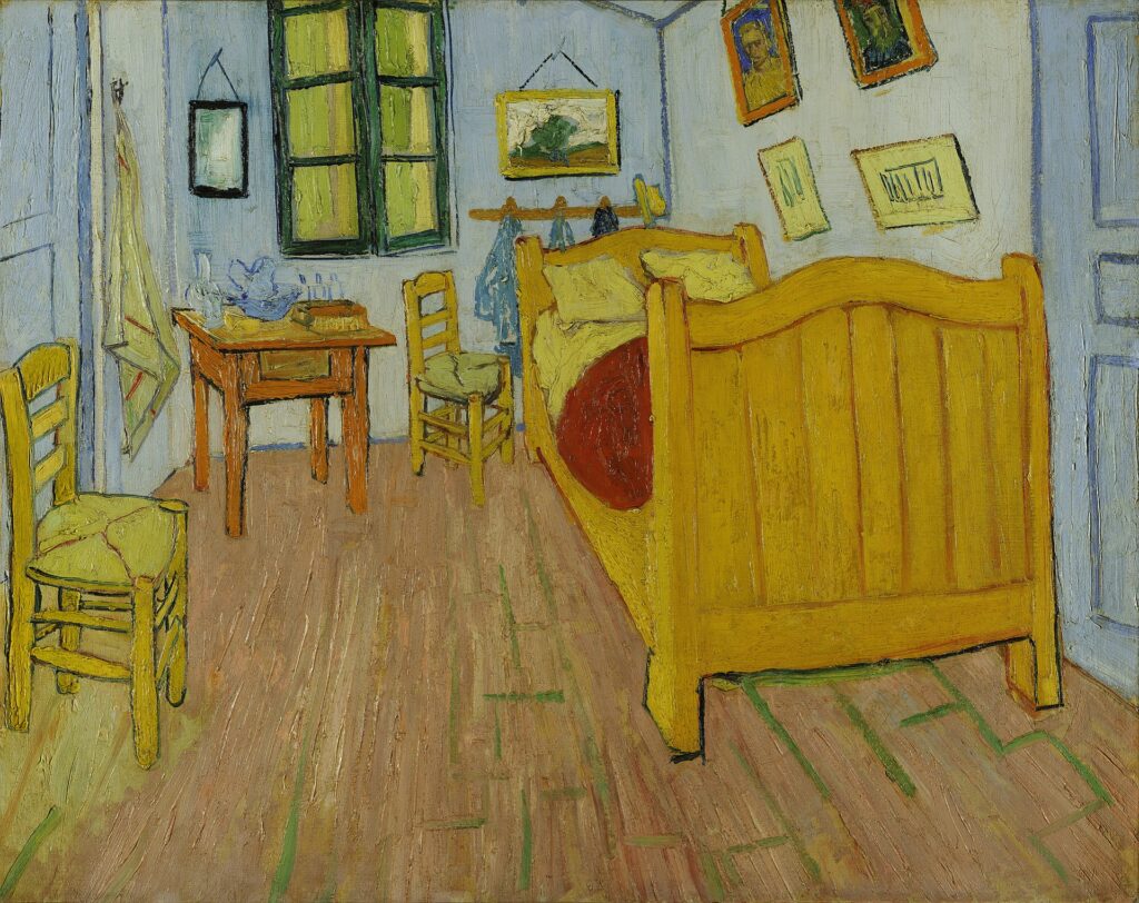 Bedroom in Arles (first version, 1888). Oil on canvas, 72 × 90 cm (28.3 × 35.4 in). Van Gogh Museum, Amsterdam 